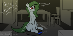 Size: 4096x2048 | Tagged: safe, alternate version, artist:darbedarmoc, imported from derpibooru, oc, oc:minerva, pony, unicorn, chair, descriptive noise, ponies riding roombas, red eyes, roomba, solo, table, text, vacuum cleaner, wardrobe