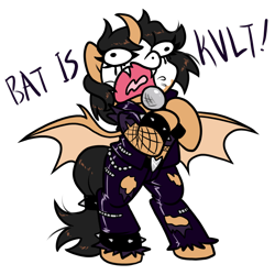Size: 1000x1000 | Tagged: safe, artist:paperbagpony, imported from derpibooru, oc, oc only, oc:the deafhorse, alicorn, bat pony, bat pony alicorn, pony, bat wings, bipedal, black metal, clothes, corpse paint, curved horn, fangs, horn, kvlt, microphone, open mouth, simple background, solo, spiked wristband, torn clothes, transparent background, wings, wristband