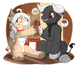 Size: 2613x2259 | Tagged: safe, alternate version, artist:焰心fireworks, imported from derpibooru, oc, oc only, oc:奶糖, oc:狂战, bull, cow, cow pony, original species, pony, blind, brother and sister, ear piercing, earring, female, horn, jewelry, male, nose piercing, nose ring, piercing, scar, siblings, speech bubble, toy