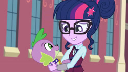 Size: 3410x1920 | Tagged: safe, imported from derpibooru, screencap, sci-twi, spike, spike the regular dog, twilight sparkle, dog, equestria girls, friendship games, canterlot high, cute, duo, female, glasses, high res, magic capture device, male, smiling, spikabetes, twiabetes