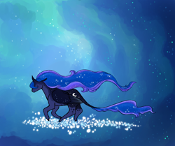 Size: 790x660 | Tagged: safe, artist:jroxs12pone, imported from derpibooru, princess luna, alicorn, pony, abstract background, dream realm, female, leonine tail, mare, running, solo, stars, tail, windswept mane