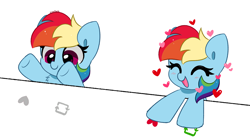 Size: 7178x3977 | Tagged: safe, artist:kittyrosie, imported from derpibooru, rainbow dash, pegasus, pony, blushing, chest fluff, cute, dashabetes, eyes closed, fourth wall, heart, meta, open mouth, simple background, solo, twitter, white background