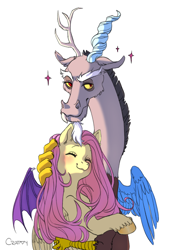 Size: 1786x2630 | Tagged: safe, artist:crappy, imported from derpibooru, discord, fluttershy, draconequus, pegasus, pony, blushing, duo, duo male and female, eyes closed, female, friendship, friendshipping, high res, hug, male, mare, signature, simple background, smiling, white background