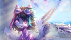 Size: 1920x1080 | Tagged: safe, artist:zefirka, imported from derpibooru, oc, oc only, pegasus, pony, aircraft carrier, clothes, commission, female, flight suit, goggles, mare, ocean, plane, signature, sky, smiling, solo, supermarine seafire, supermarine spitfire, water