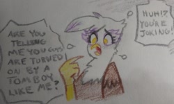 Size: 2048x1225 | Tagged: safe, artist:pony quarantine, imported from derpibooru, gilda, griffon, blushing, cute, flustered, gildadorable, solo, sweat, talking to viewer, tomboy, traditional art