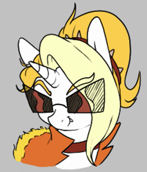 Size: 765x897 | Tagged: safe, artist:lockheart, imported from derpibooru, oc, oc only, oc:dyx, alicorn, pony, bust, choker, clothes, female, filly, foal, gray background, jacket, pixelated, simple background, solo, sunglasses, upscaled