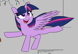 Size: 699x490 | Tagged: safe, artist:lockheart, imported from derpibooru, twilight sparkle, alicorn, pony, cute, extended trot pose, female, gray background, looking up, mare, open mouth, open smile, simple background, smiling, solo, standing on two hooves, twiabetes, twilight sparkle (alicorn)