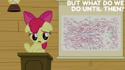 Size: 1280x720 | Tagged: safe, edit, edited screencap, editor:quoterific, imported from derpibooru, screencap, apple bloom, earth pony, pony, on your marks, season 6, apple bloom's bow, bow, clubhouse, crusaders clubhouse, female, filly, floppy ears, foal, hair bow, open mouth, solo, text