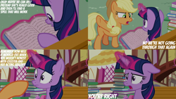 Size: 1280x720 | Tagged: safe, edit, edited screencap, editor:quoterific, imported from derpibooru, screencap, applejack, twilight sparkle, alicorn, earth pony, pony, season 8, yakity-sax, spoiler:s08, applejack's hat, book, cowboy hat, duo, female, floppy ears, hat, magic, mare, open mouth, telekinesis, text, twilight sparkle (alicorn)