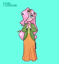 Size: 1440x1566 | Tagged: safe, artist:seasemissary, imported from derpibooru, fluttershy, human, clothes, dress, dyed hair, female, flower, flower in hair, hair over one eye, hands together, humanized, simple background, solo, teal background