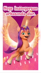 Size: 828x1472 | Tagged: safe, imported from derpibooru, sunny starscout, alicorn, earth pony, pony, 2d, 3d, confident, facebook, facebook story, flying, friendly, g5, glowing, glowing horn, glowing wings, horn, looking at you, mane stripe sunny, multicolored hair, my little pony: a new generation, official, open mouth, open smile, orange background, pink background, proud, race swap, raised hooves, simple background, smiling, smiling at you, social media, sunnycorn, translated in the description, turkey (country), turkish, wings, writing