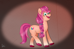 Size: 2880x1920 | Tagged: safe, alternate version, artist:habiepon3, imported from derpibooru, sunny starscout, earth pony, pony, creepy, creepy smile, female, g5, high res, looking at you, mare, my little pony: a new generation, open mouth, simple background, smiling, solo