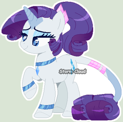 Size: 399x398 | Tagged: safe, artist:stormcloud-yt, imported from derpibooru, rarity, pony, unicorn, base used, bracelet, choker, eyelashes, horn, jewelry, leonine tail, raised hoof, redesign, simple background, smiling, solo, tail