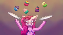 Size: 1024x576 | Tagged: safe, artist:maneblue, imported from derpibooru, pinkie pie, earth pony, pony, fanfic:cupcakes, abstract background, bust, cupcake, ear fluff, female, food, grin, horse meat, implied fluttershy, implied rainbow dash, implied rarity, implied twilight sparkle, insanity, looking up, mare, meat, pinkamena diane pie, rainbow cupcake, smiling, solo