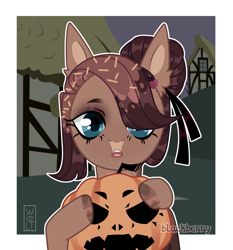 Size: 2660x2860 | Tagged: safe, artist:miioko, imported from derpibooru, oc, oc only, pegasus, pony, bust, female, halloween, holiday, jack-o-lantern, mare, pegasus oc, pumpkin, solo