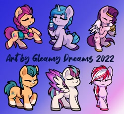 Size: 1176x1080 | Tagged: safe, artist:gleamydreams, imported from derpibooru, hitch trailblazer, izzy moonbow, pipp petals, sugar moonlight, sunny starscout, zipp storm, earth pony, pegasus, pony, unicorn, female, g5, gradient background, male, mane five (g5), mare, phone, stallion