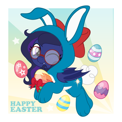 Size: 5000x5000 | Tagged: safe, artist:jhayarr23, imported from derpibooru, oc, oc:shadow twinkle, bat pony, pony, animal costume, bow, bunny costume, clothes, commission, costume, easter, glasses, holiday, one eye closed, round glasses, solo, ych result, your character here