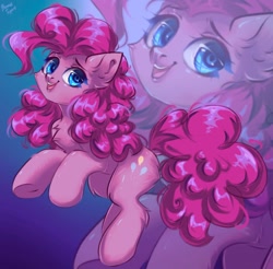 Size: 1458x1436 | Tagged: dead source, safe, artist:hydrargyrum, imported from derpibooru, pinkie pie, earth pony, pony, abstract background, chest fluff, cute, diapinkes, ear fluff, female, looking at you, mare, smiling, smiling at you, solo, zoom layer