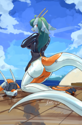 Size: 3587x5425 | Tagged: safe, artist:龙宠, imported from derpibooru, oc, oc only, oc:shanher, anthro, dragon, seal, absurd resolution, ass, big breasts, bondage, breasts, butt, clothes, dragoness, female, floppy ears, kneeling, latex, latex suit, looking at you, looking back, looking back at you, rear view, scuba gear, shackles, solo, wetsuit