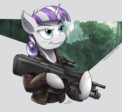 Size: 1920x1772 | Tagged: safe, artist:buckweiser, imported from derpibooru, twilight velvet, unicorn, series:daring did tales of an adventurer's companion, assault rifle, badass, clothes, commission, grenade launcher, gun, jacket, leather jacket, rifle, scar, smiling, smirk, solo, steyr aug, steyr aug a3, weapon, ych result