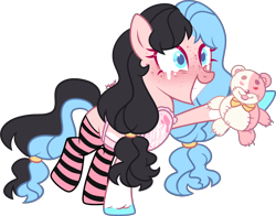 Size: 2514x1971 | Tagged: safe, artist:kurosawakuro, imported from derpibooru, oc, earth pony, pony, apron, clothes, female, mare, plushie, simple background, socks, solo, striped socks, teddy bear, transparent background