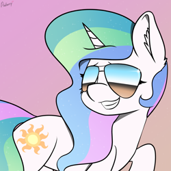 Size: 2253x2253 | Tagged: safe, artist:pinkberry, imported from derpibooru, princess celestia, alicorn, pony, aviator sunglasses, cool, grin, mirrored sunglasses, smiling, solo, sunglasses