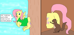 Size: 1930x922 | Tagged: safe, artist:goofermutt, imported from derpibooru, fluttershy, squirrel, butt, cute, plot, pushing, shyabetes, stuck, tree