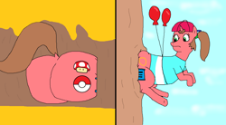 Size: 1609x886 | Tagged: safe, artist:goofermutt, artist:red-supernova64, imported from derpibooru, oc, oc:nintendy, balloon, butt, food, honey, nintendo, plot, stuck, the ass was fat