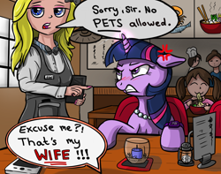 Size: 2914x2298 | Tagged: safe, artist:celsian, imported from derpibooru, twilight sparkle, human, pony, unicorn, :3, angry, apron, blonde, bloodshot eyes, blushing, bronybait, cafe, candle, cellphone, chef, chef's hat, clothes, cross-popping veins, dialogue, ears back, emanata, eyeshadow, female, food, glare, gritted teeth, hasbro, hat, headwear, high res, hooves on the table, imminent pain, implied marriage, interspecies, iphone, japanese, jewelry, makeup, male, mare, married couple, menu, name tag, necklace, noodles, offscreen character, offscreen human, offscreen male, pearl necklace, phone, pov, ramen, restaurant, salt shaker, self insert, smartphone, smartwatch, speech bubble, table, tablet, teeth, text, this will end in property damage, this will end in tears, twilight sparkle is not amused, unamused, unicorn twilight, upset, waifu, waitress, watch, wife, woman