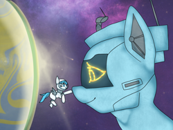 Size: 2160x1620 | Tagged: safe, artist:v-nuz, imported from derpibooru, oc, oc only, oc:connie spaceplone, oc:snow-wing, object pony, original species, spaceship ponies, boop, earth, ponified, space, spaceship, spacesuit