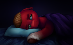 Size: 1077x671 | Tagged: safe, artist:malarkey, imported from derpibooru, sprout cloverleaf, earth pony, pony, bed, bedsheets, dark, g5, male, pillow, sad, sad sprout, solo, stallion