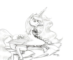 Size: 1400x1147 | Tagged: safe, artist:baron engel, imported from derpibooru, princess celestia, oc, oc:heartbreaker, alicorn, earth pony, pony, alcohol, beer, beer bottle, bottle, bowler hat, butt, canon x oc, cigar, female, hat, levitation, magic, mare, monochrome, pencil drawing, plot, size difference, smoking, story included, telekinesis, traditional art, unshorn fetlocks