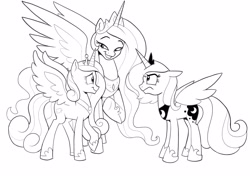 Size: 4093x2894 | Tagged: safe, artist:lummh, imported from derpibooru, princess cadance, princess celestia, princess luna, alicorn, pony, black and white, female, glare, grayscale, horn, jewelry, looking at each other, looking at someone, monochrome, raised hoof, regalia, scowl, sketch, smiling, spread wings, wings