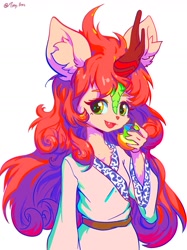 Size: 967x1290 | Tagged: safe, artist:tinybenz, imported from derpibooru, autumn blaze, anthro, kirin, apple, clothes, cute, cute little fangs, ear fluff, fangs, food, hanfu, looking at you, robe, simple background, solo, white background, zap apple