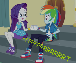 Size: 759x621 | Tagged: safe, artist:thedarkpony, edit, edited screencap, imported from derpibooru, screencap, rainbow dash, rarity, equestria girls, equestria girls series, happily ever after party, cropped, fart, fart edit, fart noise, female, onomatopoeia, rarity peplum dress, sound effects