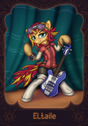 Size: 1886x2700 | Tagged: safe, artist:alrumoon_art, artist:eltaile, imported from derpibooru, sunset shimmer, semi-anthro, unicorn, equestria girls, anime, bass guitar, bracelet, clothes, cosplay, costume, female, flcl, goggles, guitar, haruhara haruko, jewelry, mare, musical instrument, solo, sunset cosplay flashmob