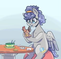 Size: 1259x1230 | Tagged: safe, artist:smirk, imported from derpibooru, oc, oc only, unnamed oc, bird, pegasus, pony, clay, figurine, headband, mouth hold, paintbrush, painting, rooster, simple background, sitting, solo, table