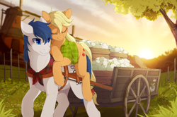 Size: 800x531 | Tagged: source needed, safe, artist:mr-tiaa, imported from derpibooru, applejack, oc, oc:constance everheart, pony, apple, bandana, blushing, canon x oc, cart, clothes, everjack, eyes closed, female, food, male, plaid, ponies riding ponies, riding, shipping, shirt, straight, sunset, tree, windmill