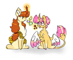 Size: 3521x2889 | Tagged: safe, artist:goldlines005, imported from derpibooru, oc, oc only, alicorn, hybrid, kirin, pony, alicorn oc, candy, chest fluff, duo, food, glasses, glow, glowing horn, horn, interspecies offspring, kirin oc, magic, magical lesbian spawn, offspring, parent:applejack, parent:autumn blaze, parent:starlight glimmer, parent:sunburst, parents:autumnjack, parents:starburst, simple background, spread wings, telekinesis, white background, wings