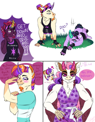 Size: 2200x2800 | Tagged: safe, artist:theartfox2468, imported from derpibooru, fizzlepop berrytwist, tempest shadow, oc, oc:athena, oc:ignatius spark, oc:solar flare, anthro, dracony, hybrid, unguligrade anthro, artificial horn, clothes, comic, crystal horn, dialogue, dress, facial hair, female, flexing, floating heart, goatee, hand on hip, heart, horn, horns, interspecies offspring, male, mare, offspring, parent:discord, parent:princess celestia, parent:rarity, parent:spike, parent:starlight glimmer, parent:sunburst, parents:dislestia, parents:sparity, parents:starburst, push-ups, simple background, speech bubble, stallion, tempest gets her horn back, white background