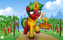 Size: 5000x3158 | Tagged: safe, artist:jhayarr23, imported from derpibooru, oc, oc only, oc:piquant pepper, pony, unicorn, food, malagueta, pepper, plantation, red peppers, solo