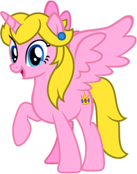 Size: 908x1153 | Tagged: safe, artist:darkpinkmonster, artist:famousmari5, imported from derpibooru, alicorn, pony, alicornified, base used, blue eyes, crossover, ear piercing, earring, jewelry, looking at you, open mouth, piercing, ponified, princess peach, race swap, simple background, smiling, smiling at you, super mario bros., transparent background, vector, yellow hair