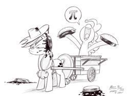 Size: 1200x900 | Tagged: safe, artist:mellodillo, imported from derpibooru, applejack, pinkie pie, earth pony, pony, applejack is not amused, black and white, cart, duo, female, food, frown, grayscale, mare, messy, monochrome, nose in the air, open mouth, open smile, pi, pi day, pie, pinkie pi, pun, simple background, smiling, speech bubble, squint, unamused, volumetric mouth, white background