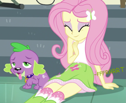 Size: 877x718 | Tagged: safe, artist:thedarkpony, edit, edited screencap, imported from derpibooru, screencap, fluttershy, spike, dog, dance magic, equestria girls, spoiler:eqg specials, cropped, fart, fart edit, fart noise, female, onomatopoeia, sitting, sound effects, spike the dog