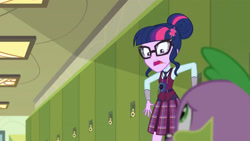 Size: 3410x1920 | Tagged: safe, imported from derpibooru, screencap, sci-twi, spike, spike the regular dog, twilight sparkle, dog, equestria girls, friendship games, duo, female, glasses, hallway, high res, lockers, magic capture device, male, open mouth