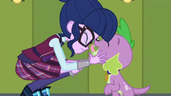 Size: 3410x1920 | Tagged: safe, imported from derpibooru, screencap, sci-twi, spike, spike the regular dog, twilight sparkle, dog, equestria girls, friendship games, cute, duo, eyes closed, female, glasses, high res, licking, lockers, magic capture device, male, open mouth, open smile, smiling, spikabetes, tongue out