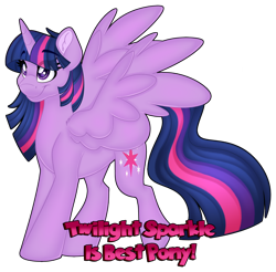 Size: 1280x1262 | Tagged: safe, artist:missbramblemele, imported from derpibooru, twilight sparkle, alicorn, pony, best pony, ear fluff, eye clipping through hair, eyebrows, eyebrows visible through hair, female, hooves, horn, mare, simple background, smiling, solo, spread wings, standing, tail, text, transparent background, twilight sparkle (alicorn), wings