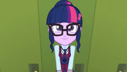 Size: 3410x1920 | Tagged: safe, imported from derpibooru, screencap, sci-twi, twilight sparkle, equestria girls, friendship games, cute, female, glasses, high res, lockers, magic capture device, smiling, solo, twiabetes