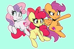 Size: 3211x2115 | Tagged: safe, artist:kindakismet, imported from derpibooru, apple bloom, scootaloo, sweetie belle, earth pony, pegasus, pony, unicorn, adorabloom, blue background, bow, cute, cutealoo, cutie mark crusaders, diasweetes, female, filly, foal, hair bow, simple background, smiling, trio
