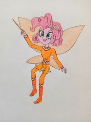 Size: 864x1152 | Tagged: safe, artist:wildguardianangel31, imported from derpibooru, pinkie pie, fairy, equestria girls, amber the orange fairy, barely eqg related, bodysuit, boots, clothes, crossover, fairy wings, fairyized, flower, flower in hair, geode of sugar bombs, jewelry, magic wand, magical geodes, necklace, open mouth, orange wings, pigtails, rainbow magic (series), shoes, solo, traditional art, wings